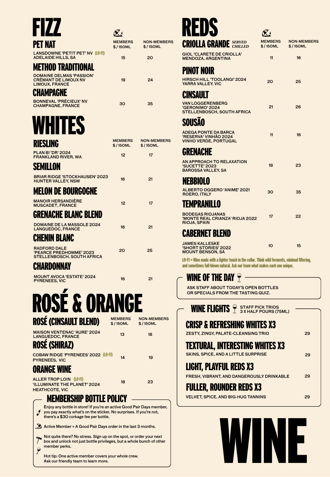 Wines menu