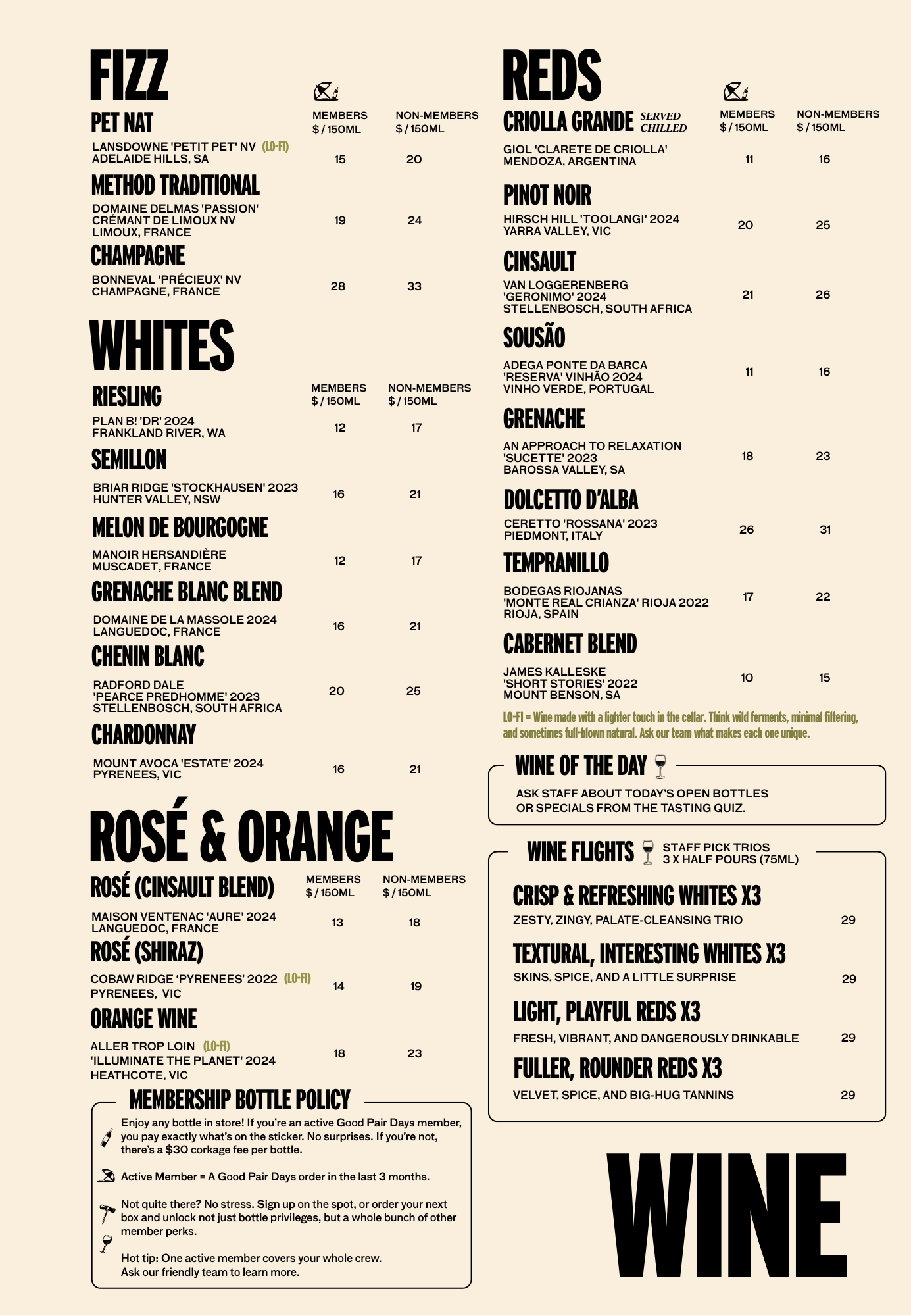 Wines menu