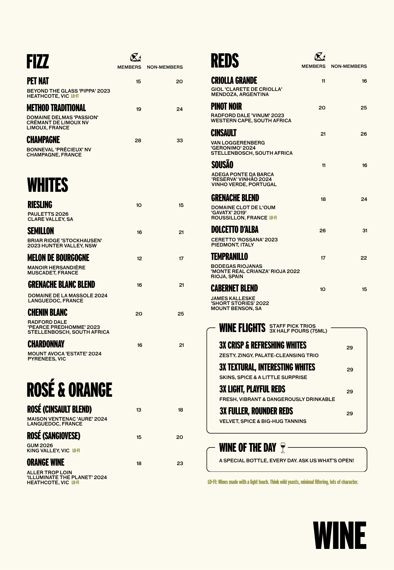 Wines menu